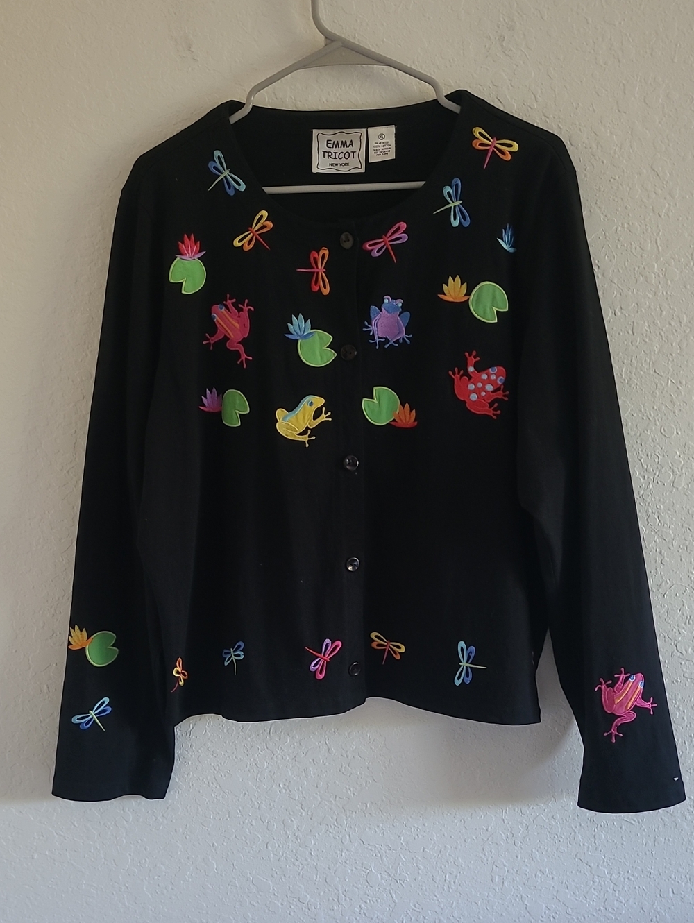 Emma Tricot Frog & Dragonfly Embroidered Black Cardigan. Sz.XL